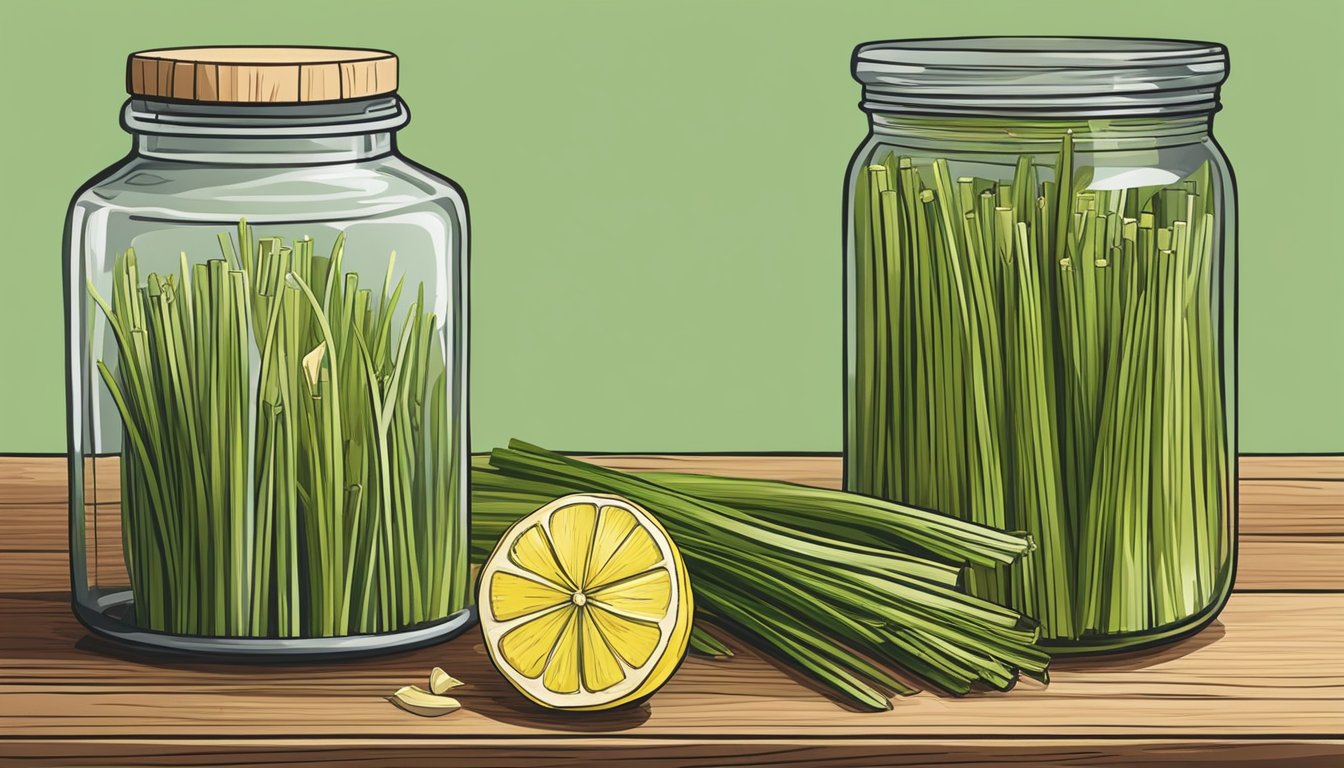 A bundle of fresh lemongrass sits on a wooden cutting board, next to a glass jar of dried lemongrass. The vibrant green stalks exude a citrusy aroma