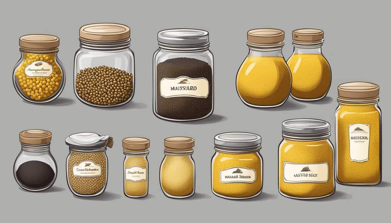 A variety of mustard seeds displayed with labels and jars for different culinary uses