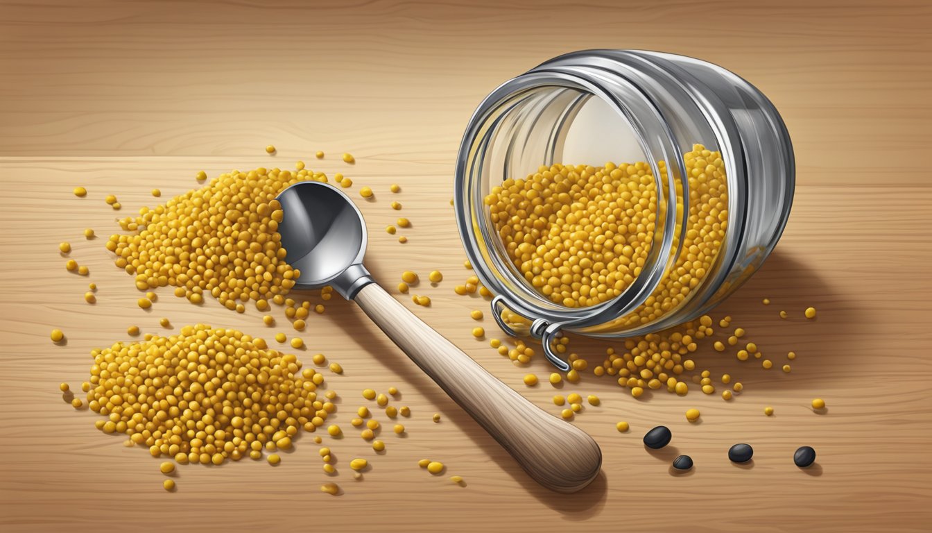 A pile of mustard seeds spills from a glass jar, scattered across a wooden cutting board, with a measuring spoon nearby