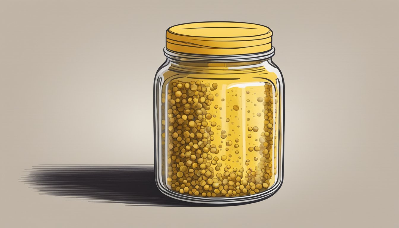 A jar of mustard seeds with visible signs of spoilage, such as mold or discoloration, sitting on a kitchen counter