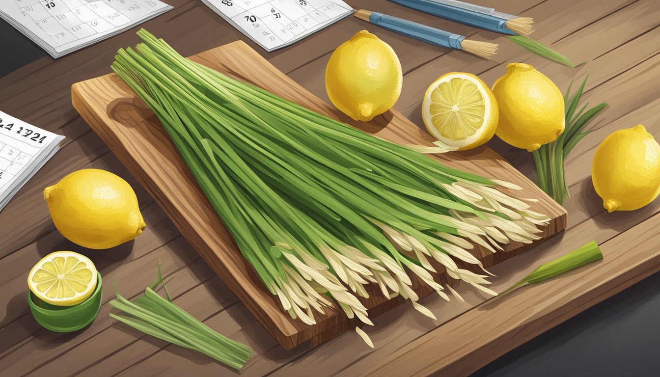 A bundle of fresh lemongrass sits on a wooden cutting board, surrounded by various storage containers and a calendar with expiration dates circled