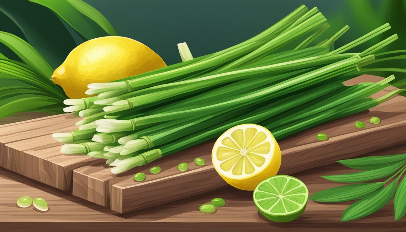 A bundle of fresh lemongrass is neatly arranged on a wooden cutting board, surrounded by vibrant green leaves and a few drops of essential oil in a small glass bottle