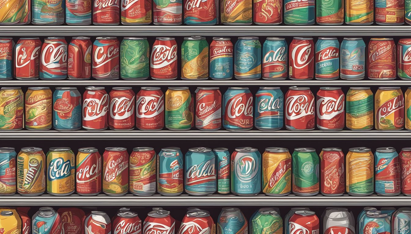 A can of cola sits on a shelf, surrounded by other soda products. The expiration date on the can is clearly visible