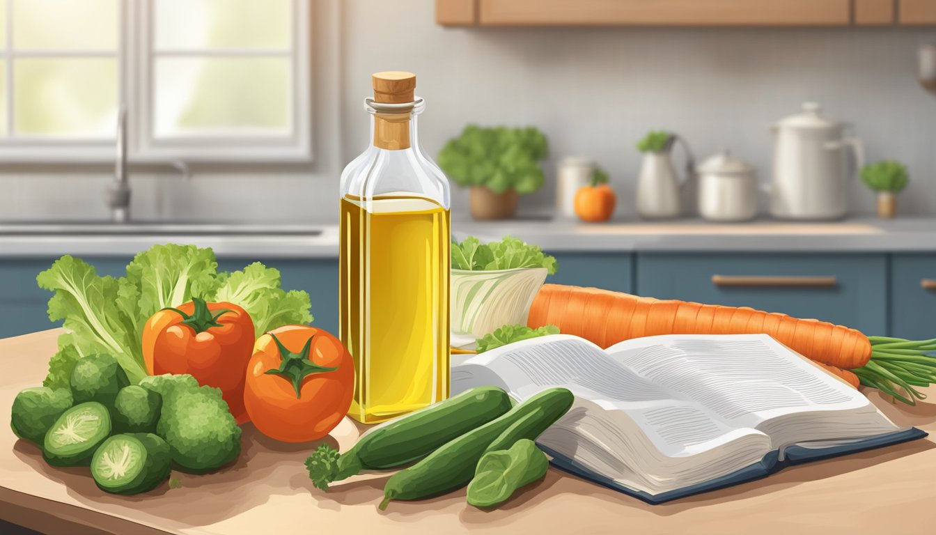 A bottle of vegetable oil sits on a kitchen counter, surrounded by fresh vegetables and a cookbook. The oil is clear and free of any signs of spoilage