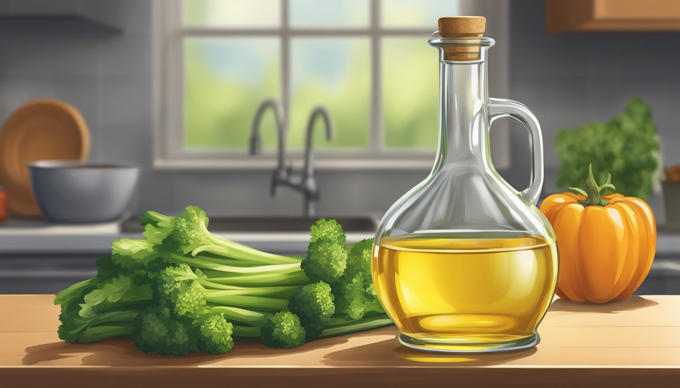 A clear glass bottle of vegetable oil sits on a kitchen counter, next to a pile of fresh vegetables. The oil appears clear and free of any sediment or discoloration