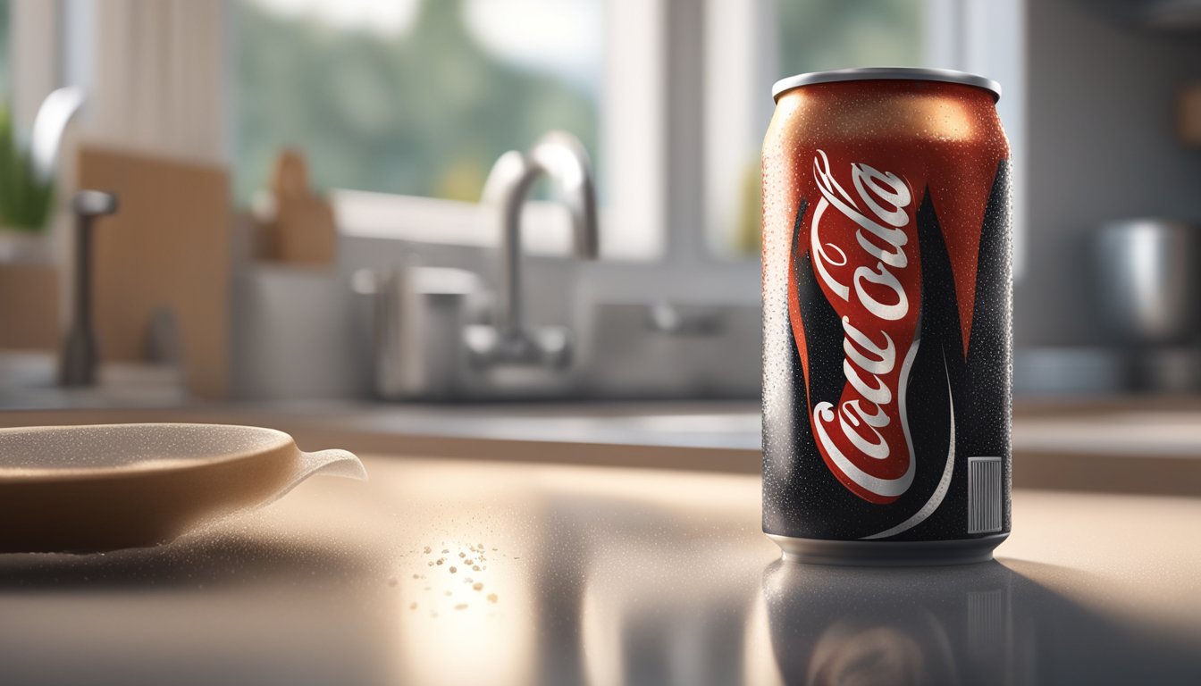 A can of cola sits on a kitchen counter, surrounded by condensation. The expiration date on the bottom is clearly visible