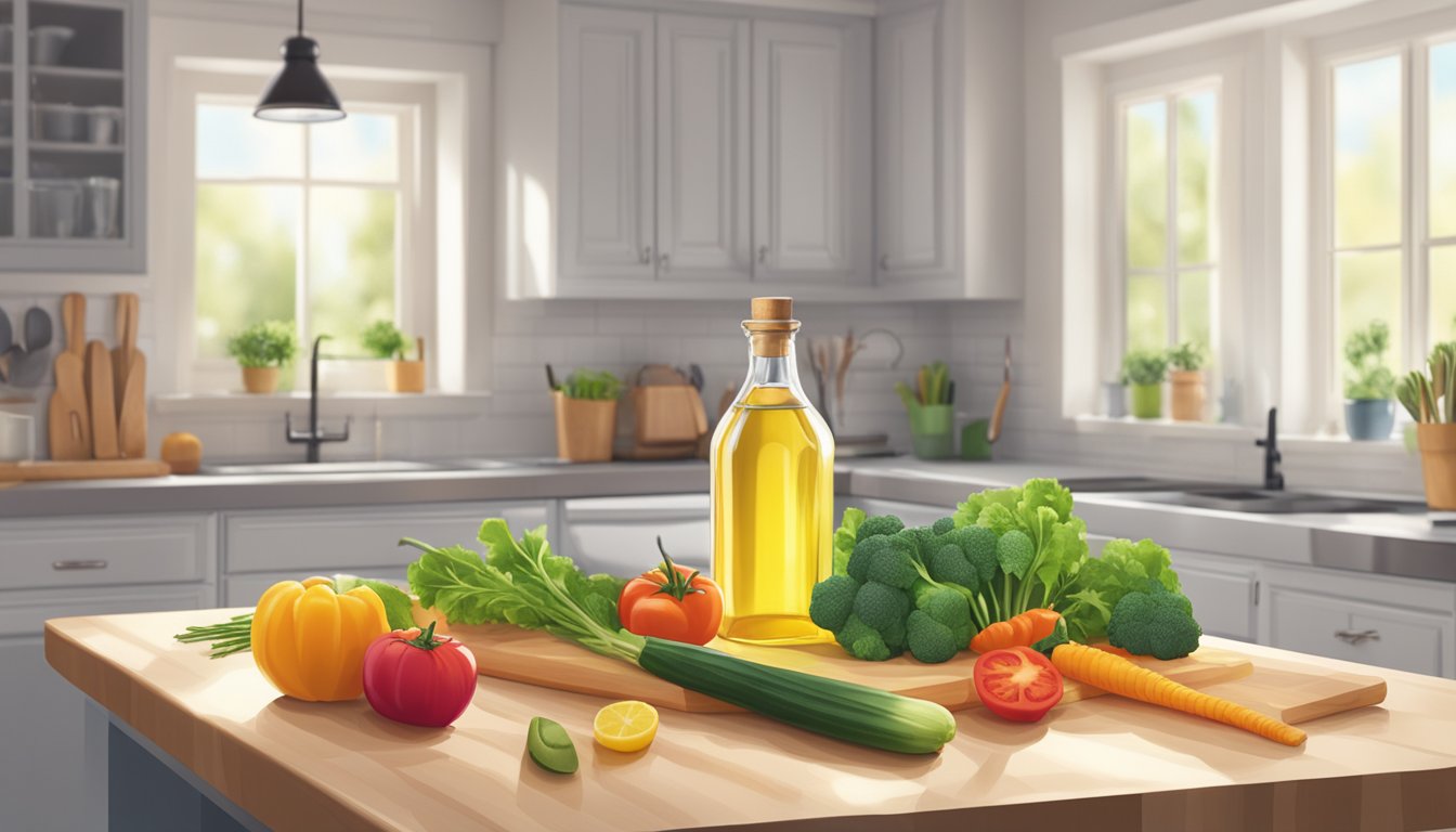 A bottle of vegetable oil sits on a clean, well-lit kitchen counter, surrounded by fresh produce and cooking utensils