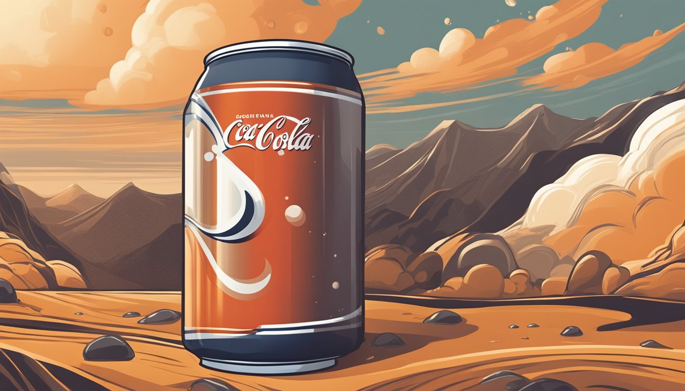 A can of cola sits in a warm, humid environment. The liquid inside appears to have lost its carbonation and has become flat