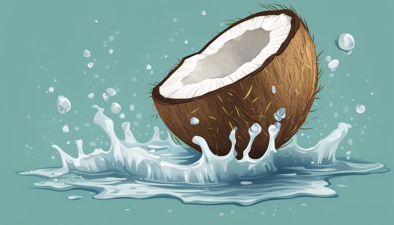 A half-opened coconut with moldy spots, surrounded by a puddle of spilled coconut water