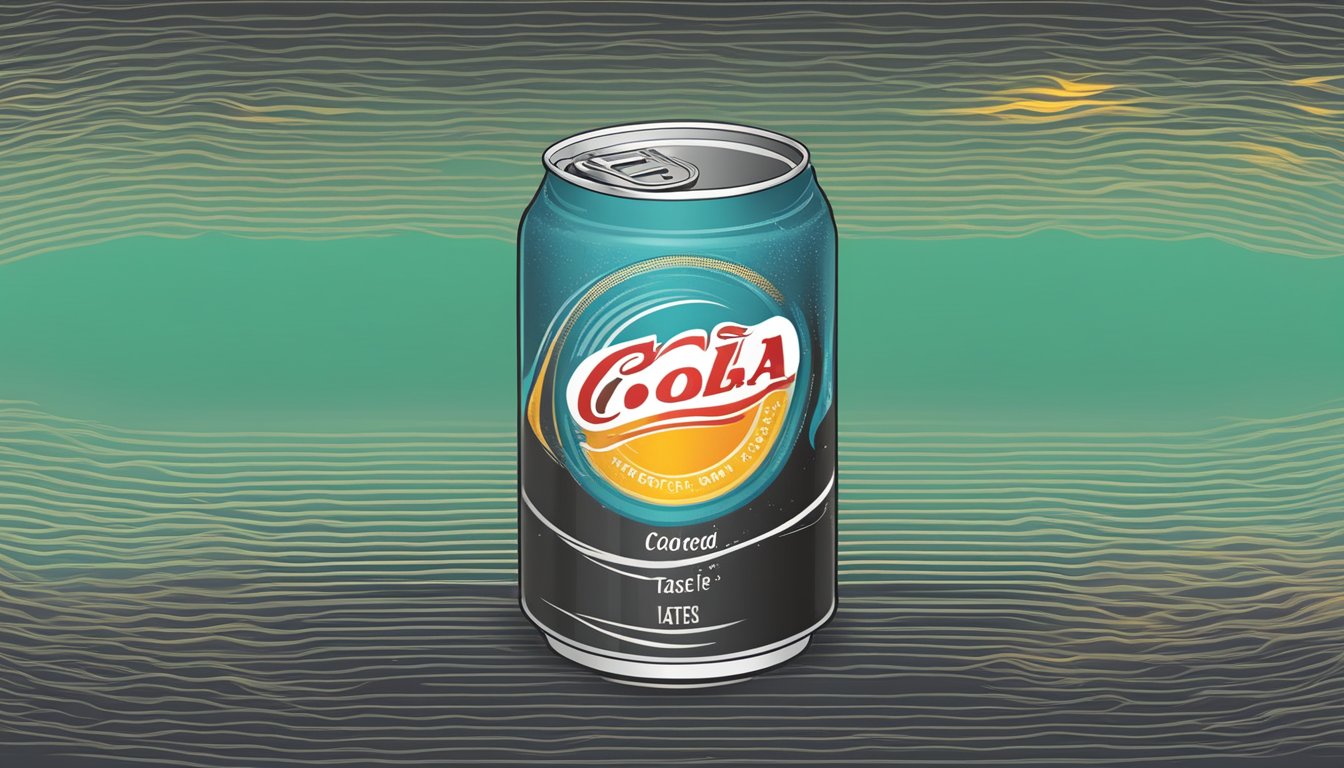 A can of cola with expiration date and sensory indicators: color change, loss of fizz, and altered taste