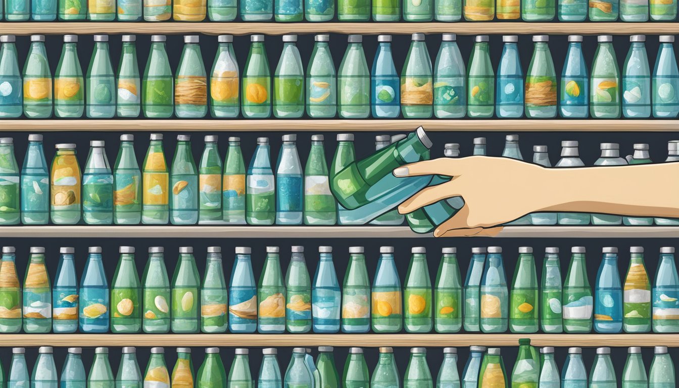 A shelf with rows of coconut water bottles, some with expiration dates. A hand reaching for a bottle