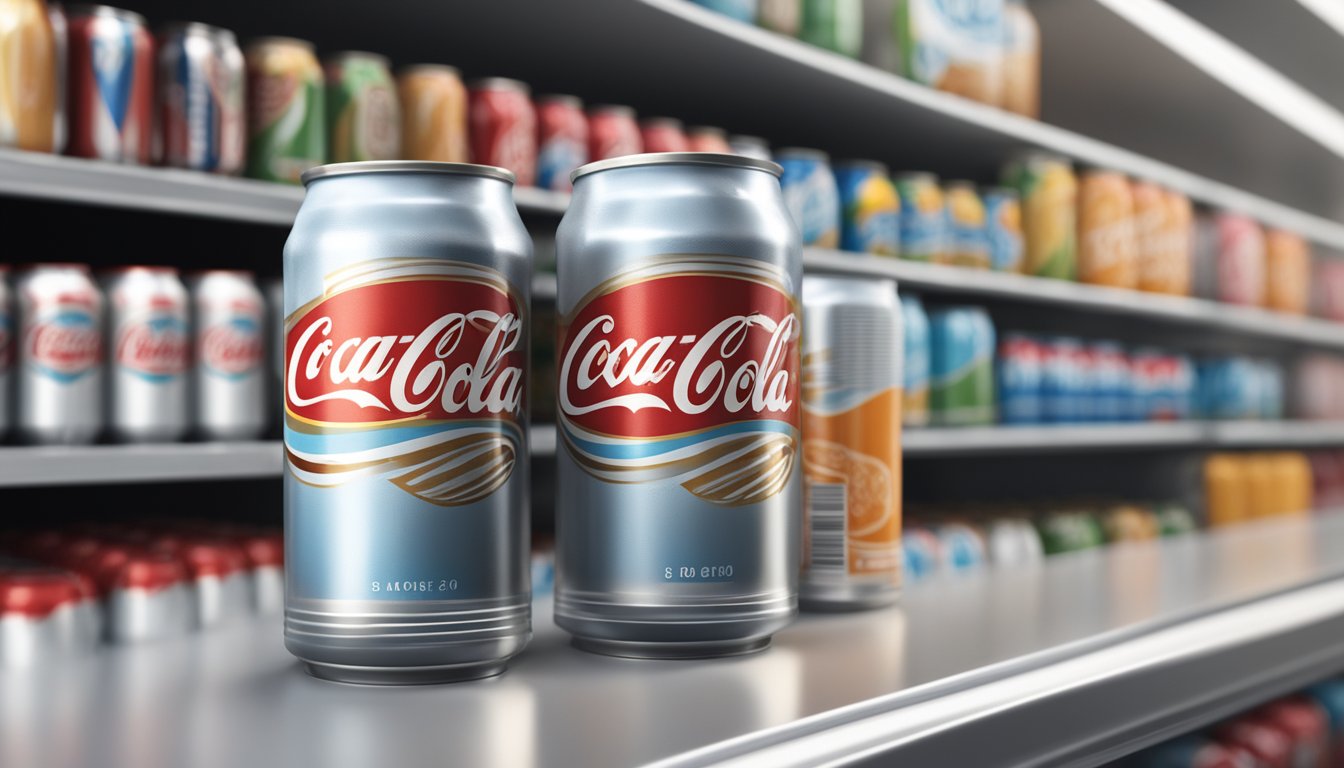 A can of cola sits on a shelf, surrounded by other beverages. The expiration date is visible on the label