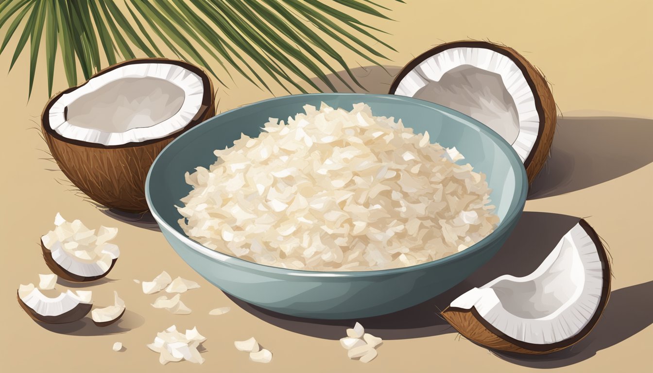 A bowl of coconut flakes sits next to an open bag. The flakes are dry and slightly yellowed, with a few small clumps