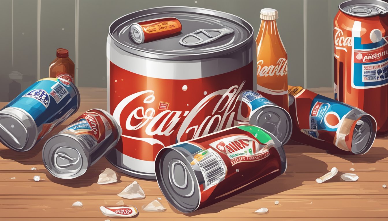 A can of cola sits on a shelf, surrounded by various expiration dates and warning labels. Nearby, a spilled bottle leaks liquid onto the floor