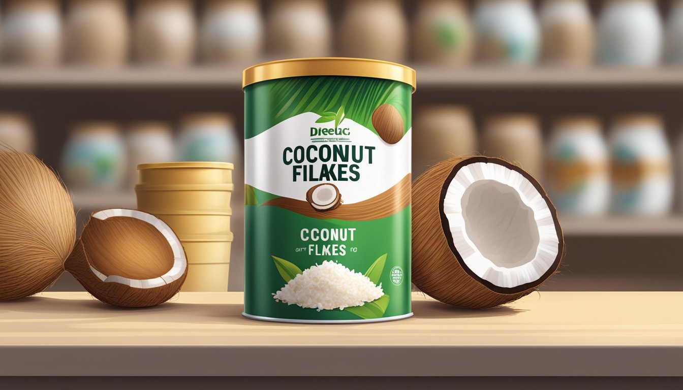 A sealed container of coconut flakes sits on a shelf, away from direct sunlight and moisture