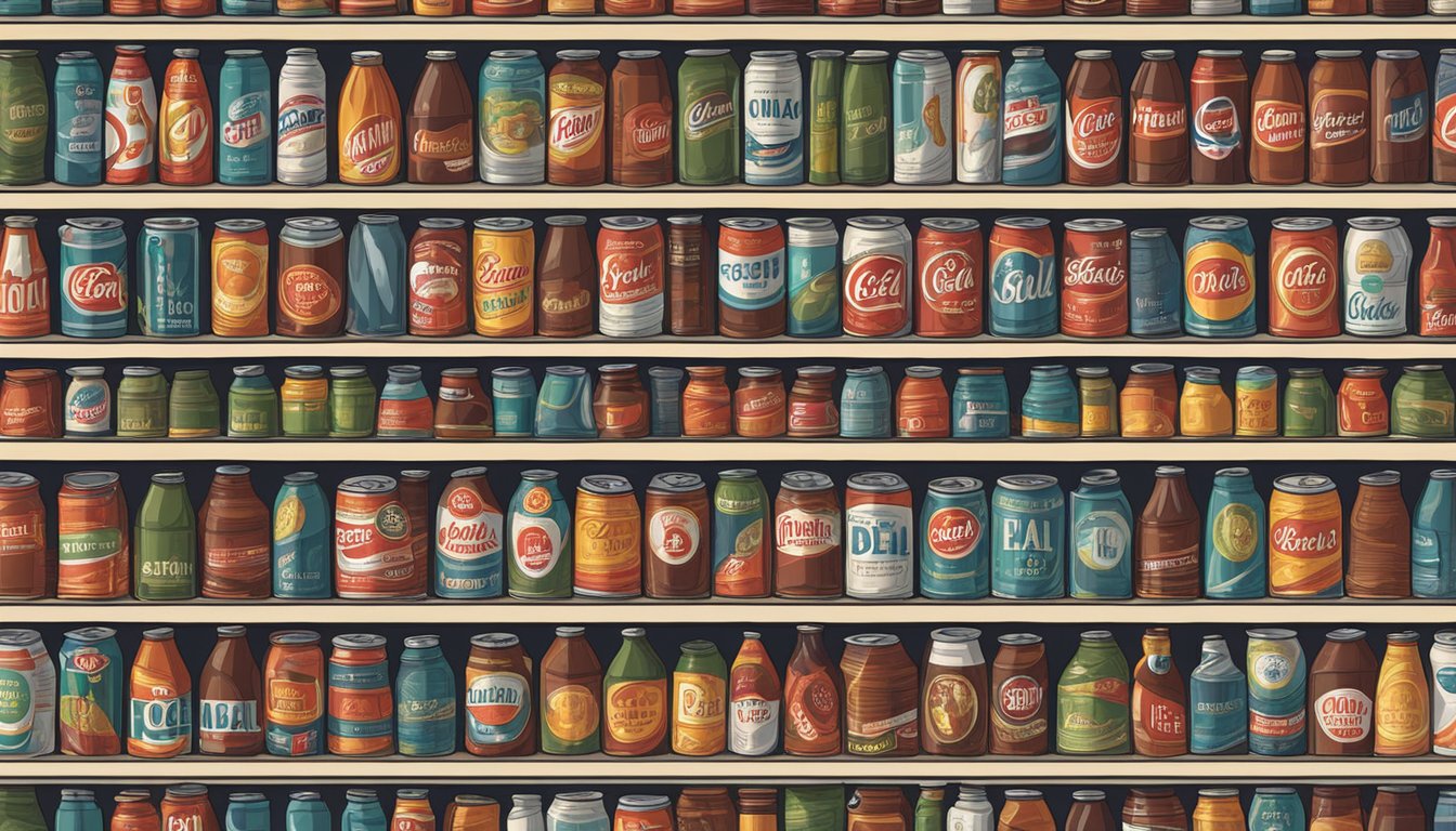 A collection of various cola cans and bottles, some with expiration dates, arranged on a shelf with a magnifying glass examining the fine print