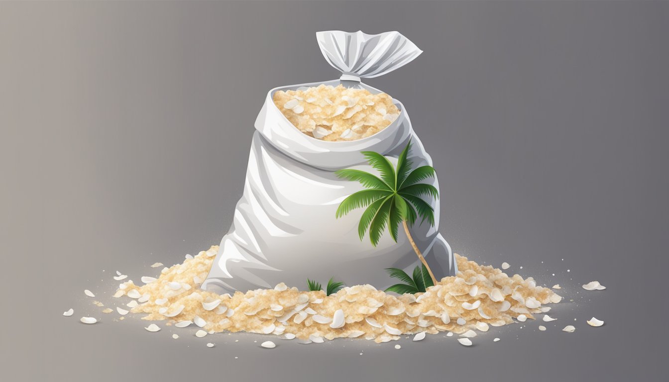 A pile of moldy coconut flakes in an open bag