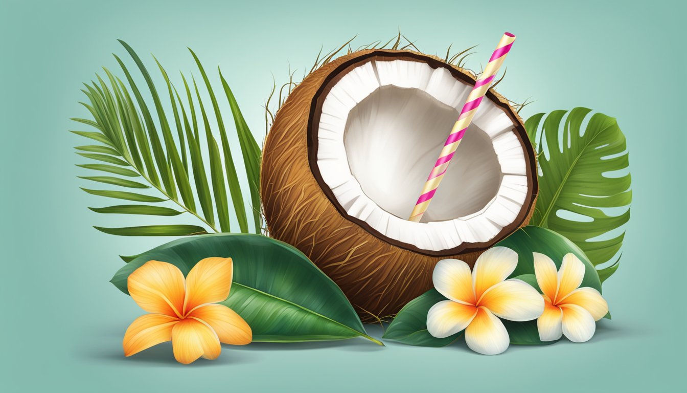 A half-opened coconut with a straw inserted, surrounded by tropical foliage