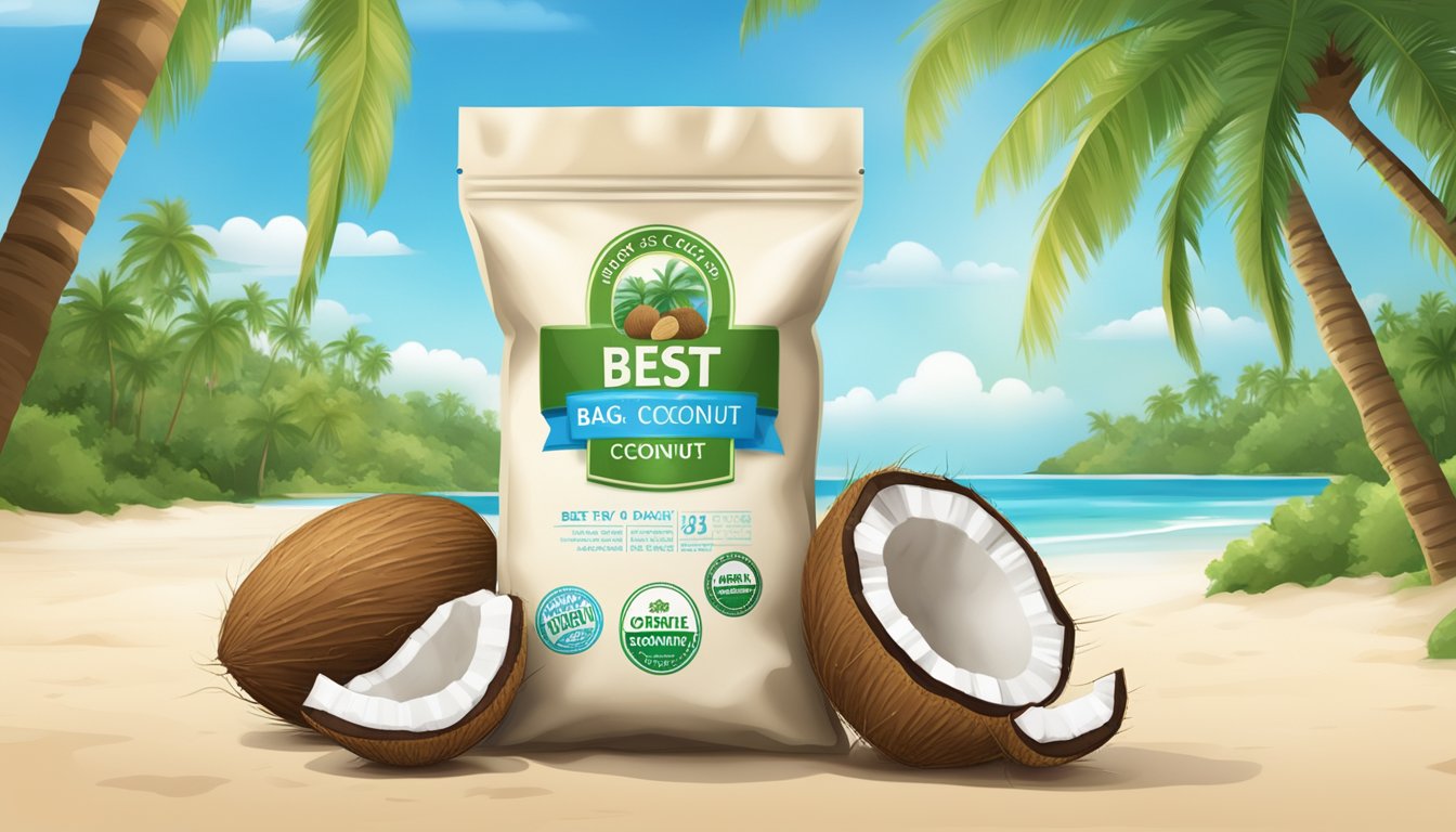 A bag of coconut flakes with a "best by" date label, surrounded by fresh coconuts and a coconut tree in the background