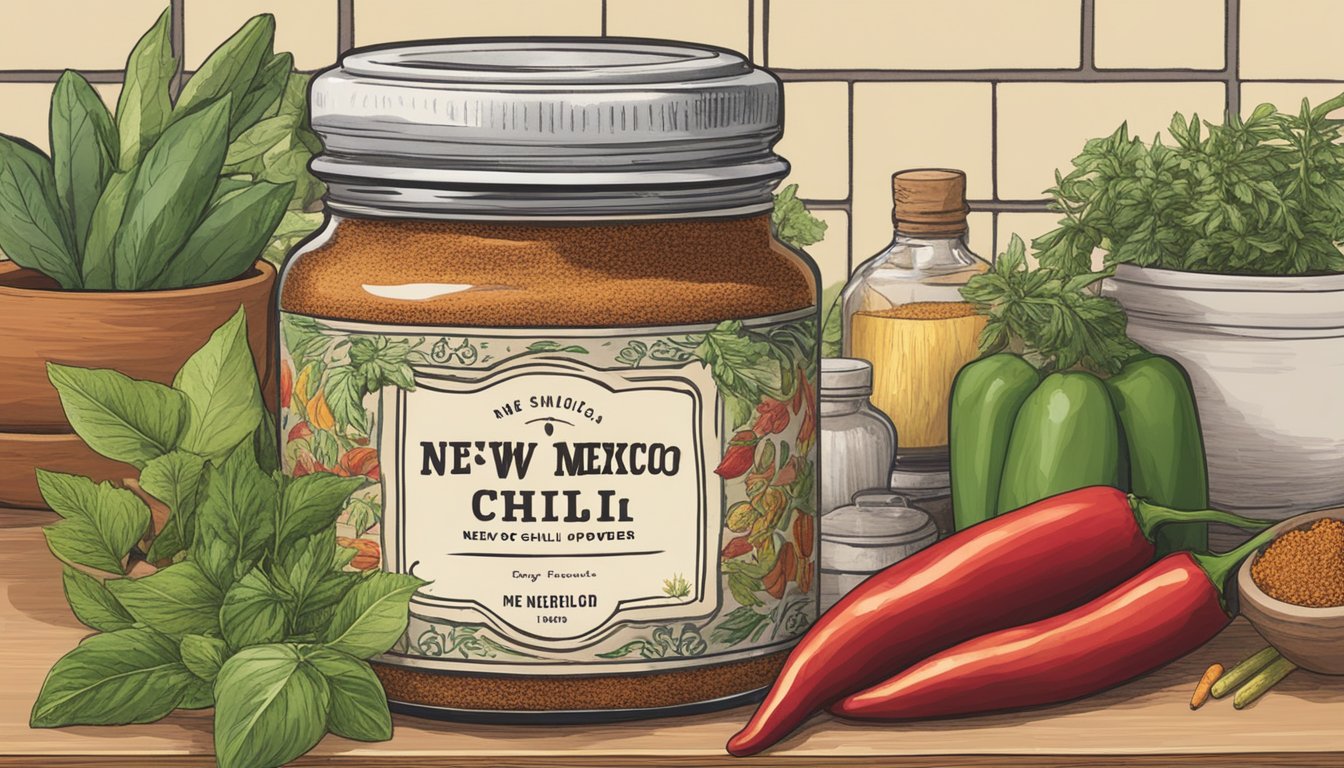 A jar of New Mexico chili powder sits on a kitchen counter, surrounded by various spices and herbs. The label is faded, suggesting it has been there for some time