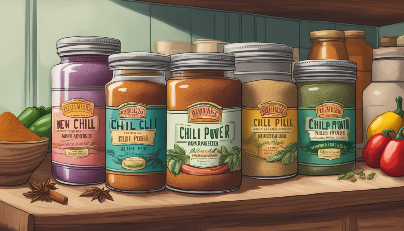 A jar of New Mexico chili powder sits on a kitchen shelf, surrounded by other spices. The label is faded, and the powder inside appears to have clumped together