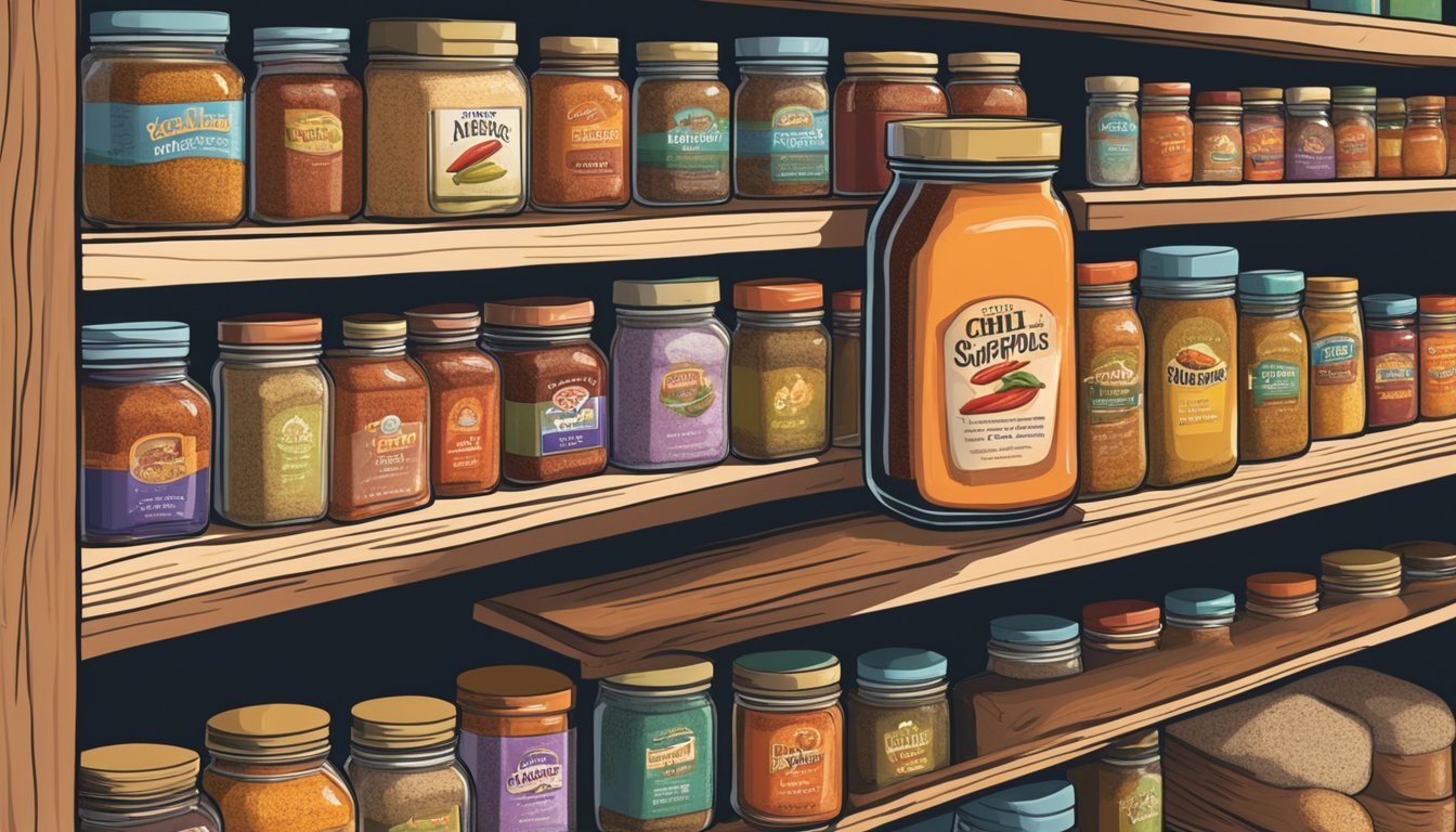 A jar of New Mexico chili powder sits on a shelf next to other spices in a well-organized pantry