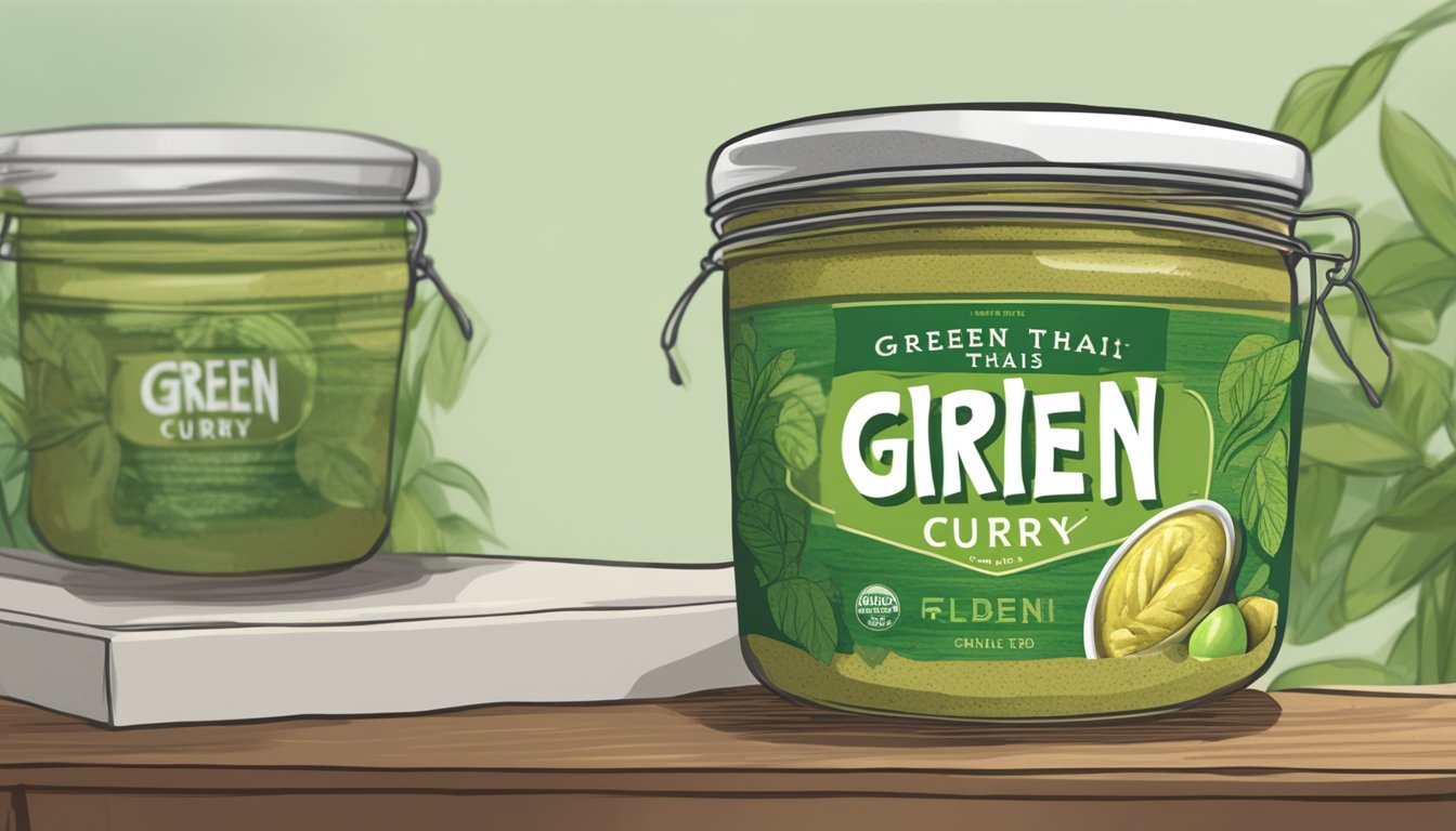 A jar of green Thai curry paste sits on a kitchen shelf, its label faded and wrinkled. The lid is slightly rusted, and the contents inside appear dried and clumped together