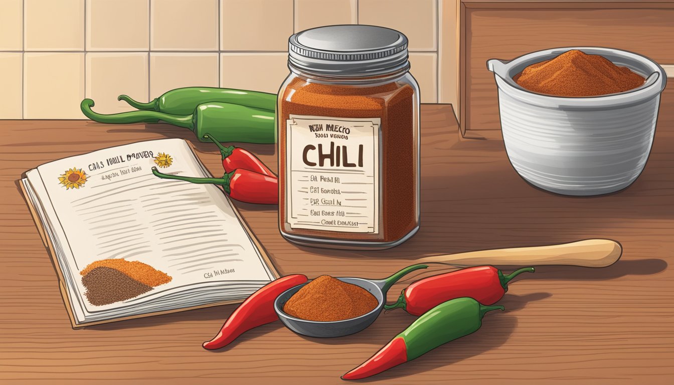 A jar of New Mexico chili powder sits open on a kitchen counter, next to a measuring spoon and a recipe book. A fresh batch of chili simmers on the stove