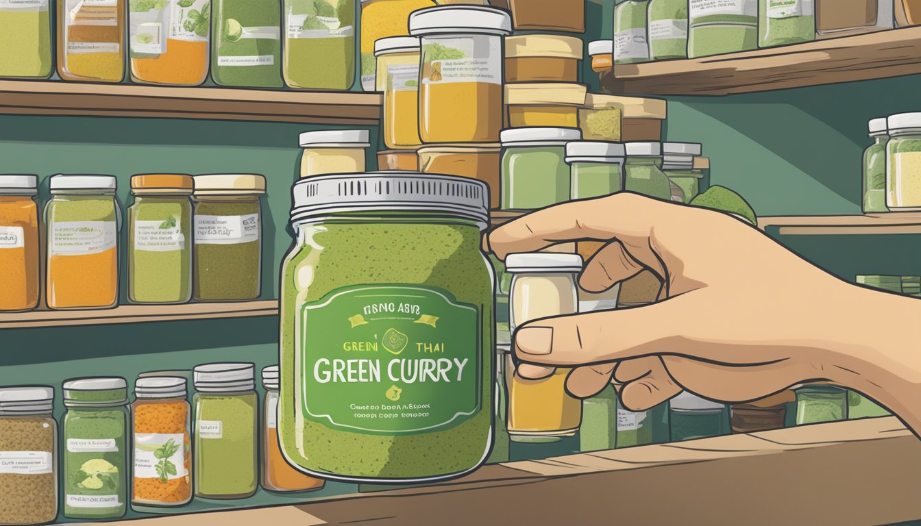 A jar of green Thai curry paste sits on a shelf, surrounded by other spices and condiments. The label shows the expiration date, while a hand reaches for the jar