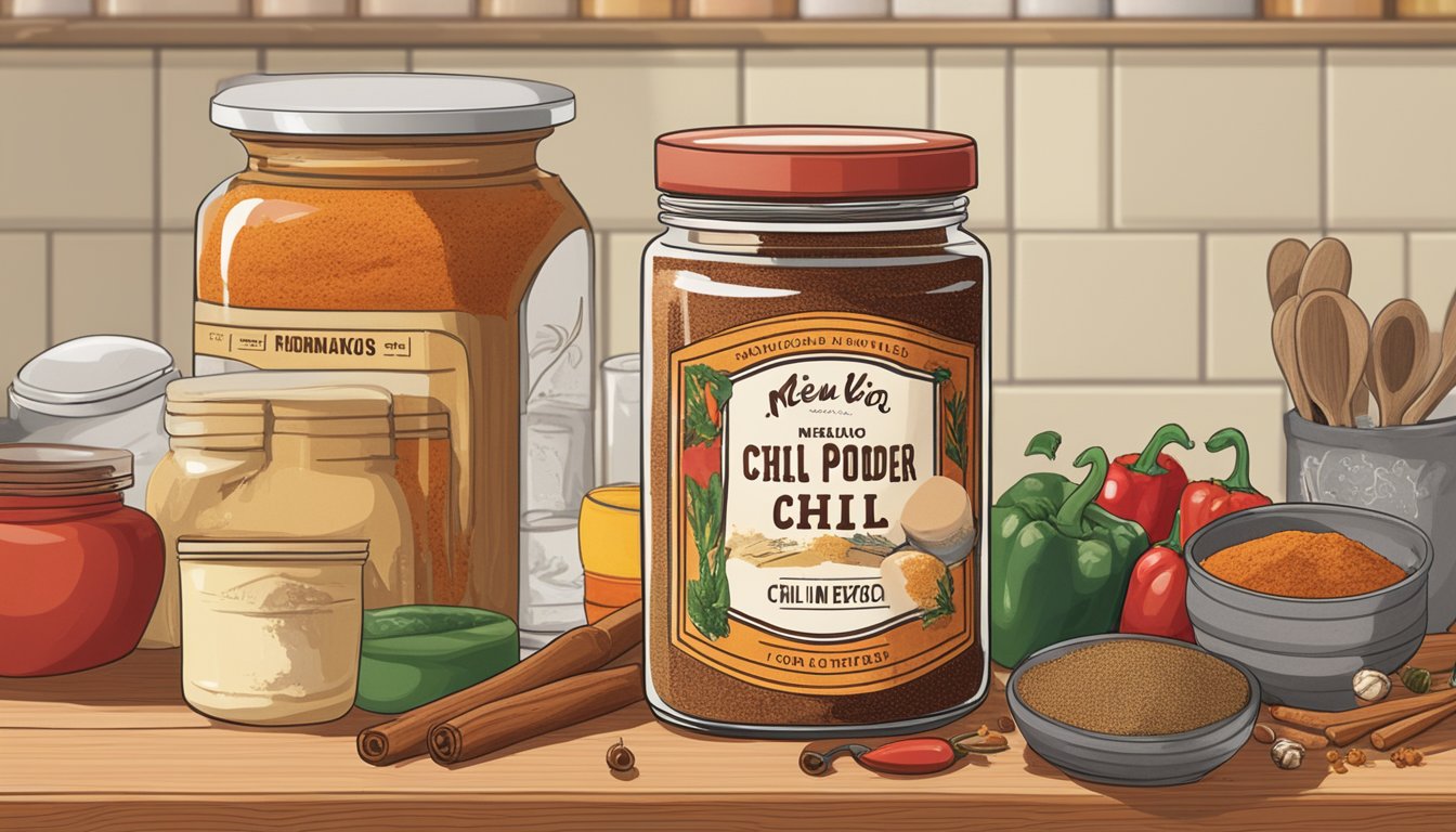 A jar of New Mexico chili powder sits on a kitchen counter, surrounded by various spices and cooking utensils. The label on the jar is faded, indicating it has been used frequently