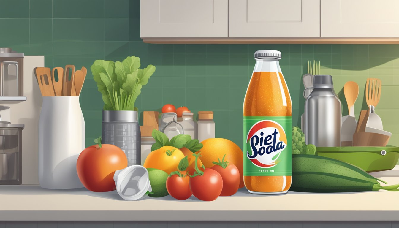 A can of diet soda sits on a clean, organized kitchen counter, surrounded by fresh fruits and vegetables. A calendar on the wall indicates the current date