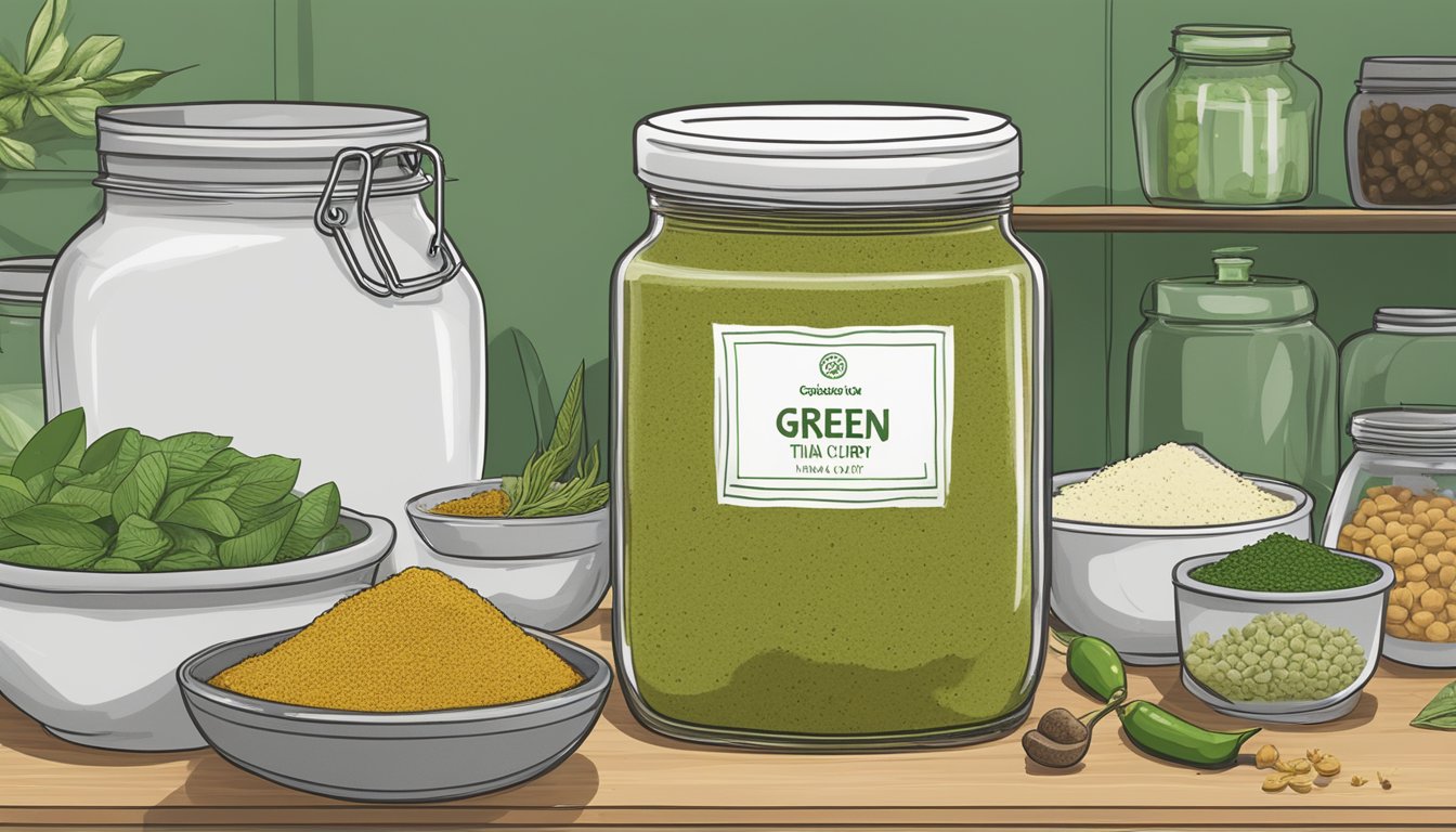 A jar of green Thai curry paste sits on a kitchen shelf, surrounded by various spices and ingredients. The expiration date on the label is barely visible