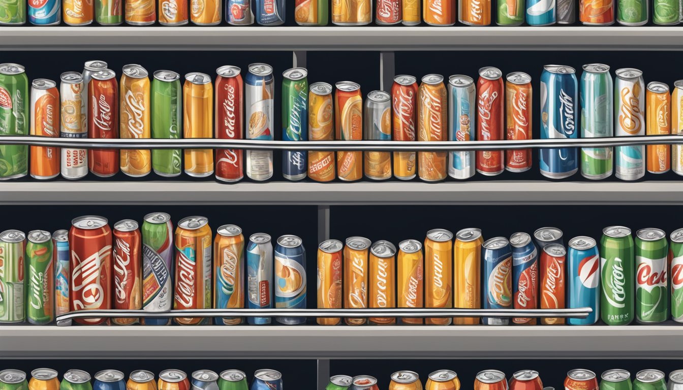 A pantry with rows of diet soda cans, some showing signs of wear and tear, while others are neatly organized and untouched