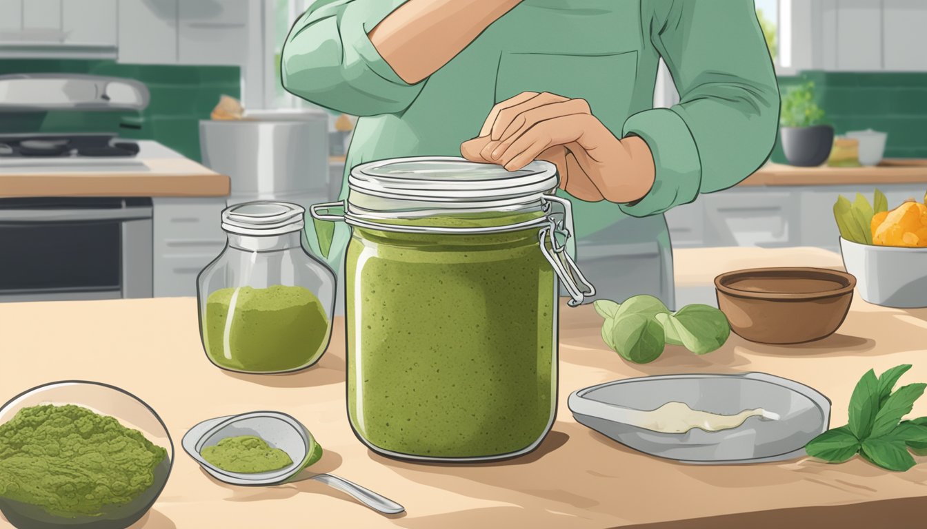 A jar of green Thai curry paste sits on a kitchen counter, covered in mold and with a pungent smell. Nearby, a person grimaces and holds their stomach in discomfort