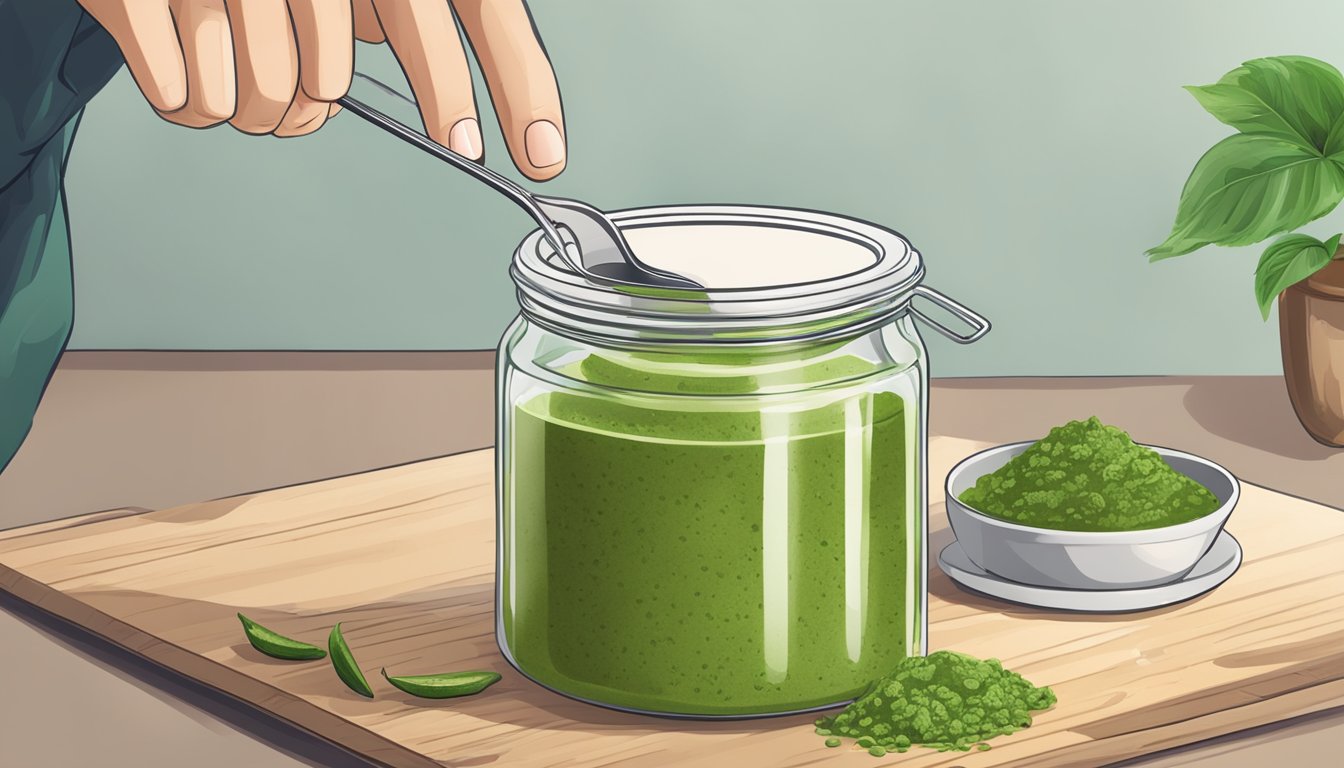 A hand stirring green Thai curry paste into a glass jar with a spoon, sealing the lid tightly