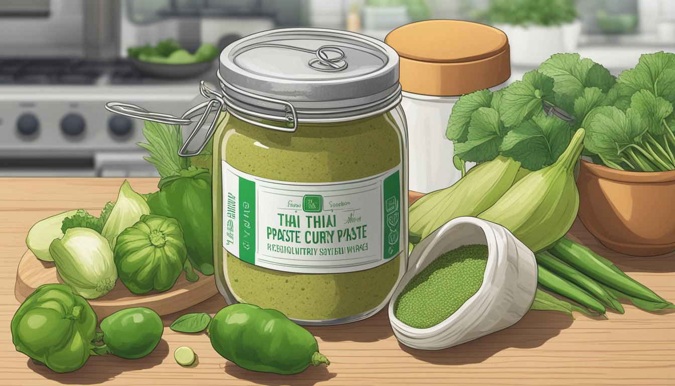 A jar of green Thai curry paste sits on a kitchen counter, surrounded by fresh ingredients and cooking utensils. The expiration date on the jar is clearly visible