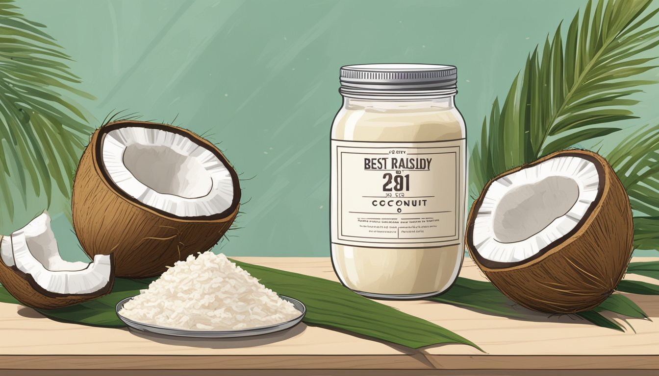 A jar of coconut butter sits on a kitchen counter, surrounded by fresh coconuts and a few opened ones. The jar is labeled with a "best by" date