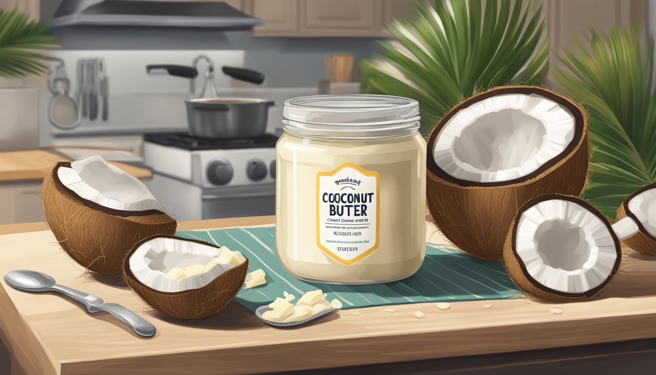 A jar of coconut butter sits on a kitchen counter, surrounded by fresh coconuts and a spreader. The lid is slightly ajar, with a small dollop of butter on the edge