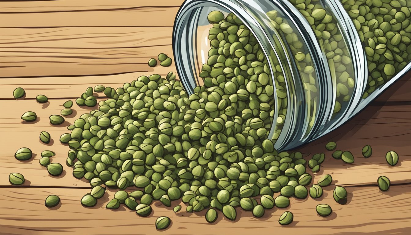 A pile of coriander seeds spilling out of a cracked jar, some seeds scattered on a wooden table. A few seeds have sprouted, indicating they have gone bad