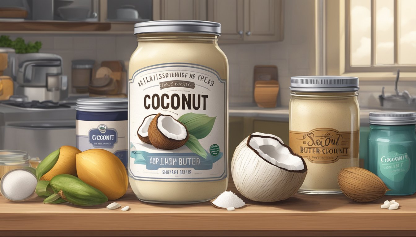 A jar of coconut butter sits on a kitchen counter, surrounded by a variety of other food items. The label on the jar is slightly worn, indicating it has been used and possibly forgotten for some time