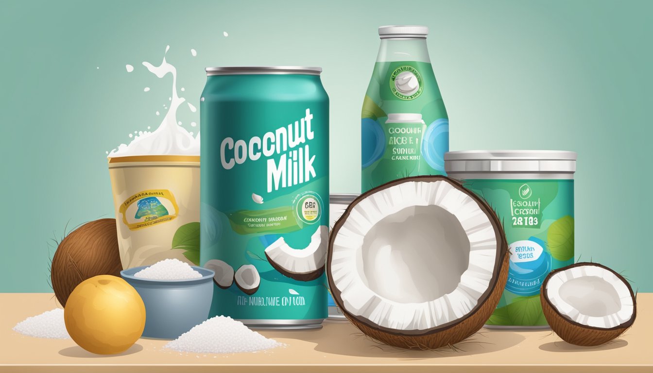 A can of coconut milk with a visible expiration date, surrounded by various kitchen items and a concerned expression