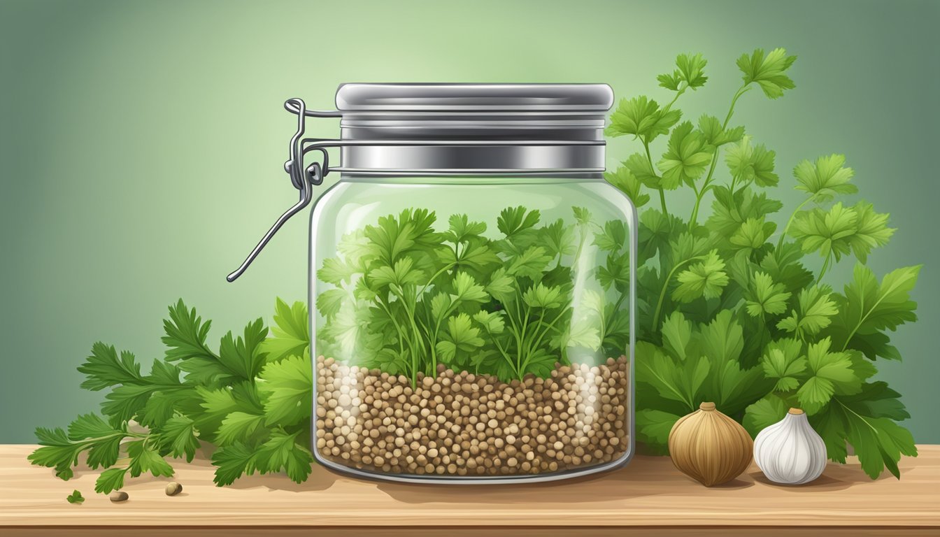 A clear glass jar of coriander seeds sits on a wooden shelf, surrounded by fresh green herbs and spices. The seeds appear dry and aromatic