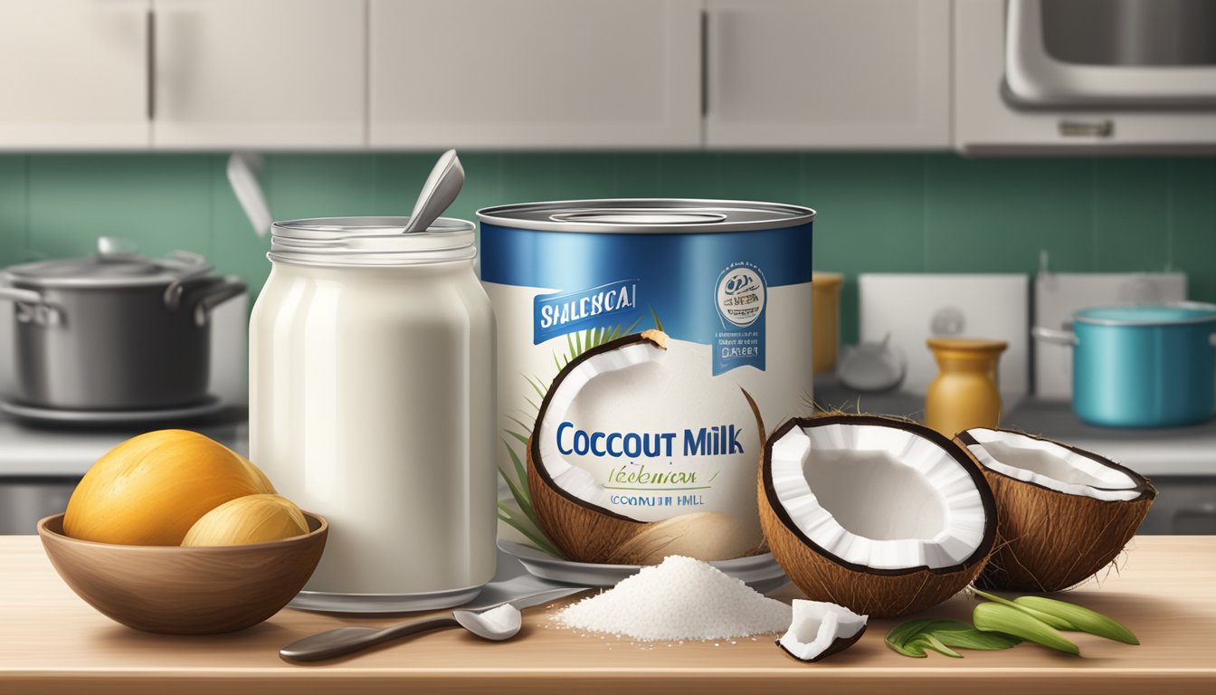 A can of coconut milk sits open on a kitchen counter, surrounded by various cooking ingredients and utensils