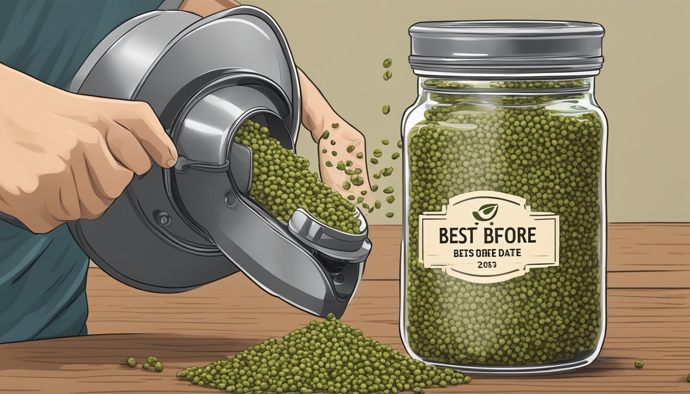 A hand pouring coriander seeds from a jar into a spice grinder, with a label reading "Best Before" date on the jar