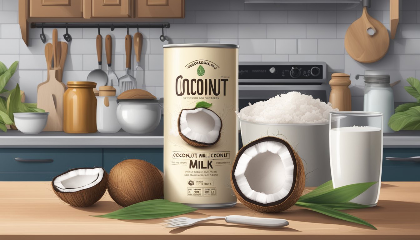 A can of coconut milk sits on a kitchen counter, surrounded by various cooking utensils and ingredients. The expiration date on the can is clearly visible