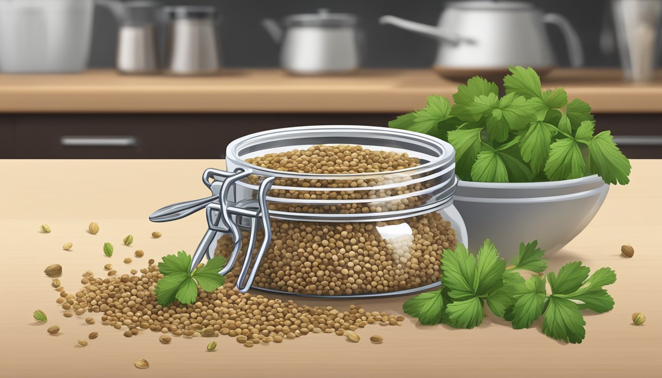 Coriander seeds in a clear glass jar on a kitchen counter, with a measuring spoon and a small pile of seeds scattered next to it