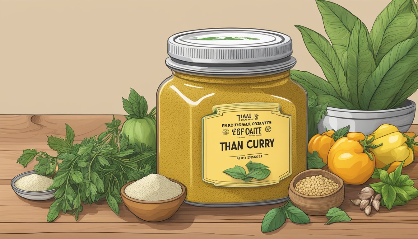 A jar of Thai yellow curry paste sits on a kitchen counter, surrounded by vibrant spices and herbs. The label indicates an expiration date