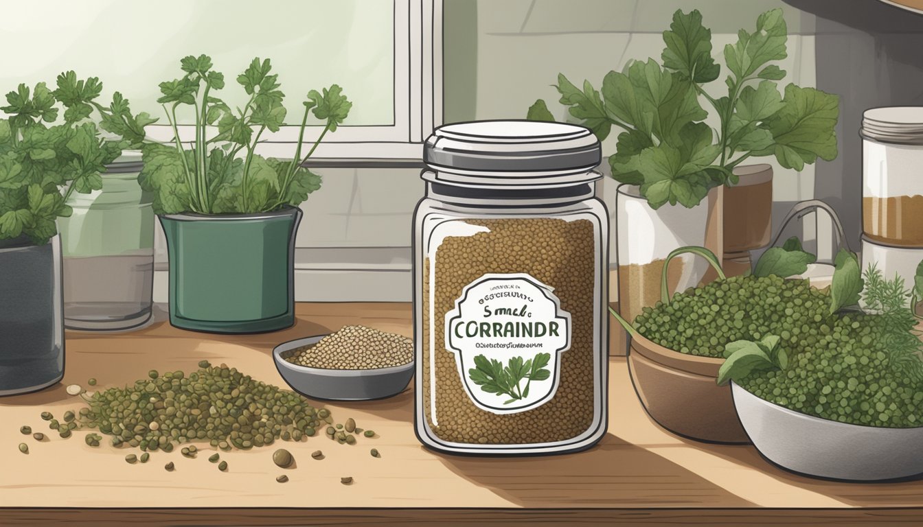 A small jar of coriander seeds sits on a kitchen counter, surrounded by other spices and herbs. The label on the jar is faded, indicating it has been there for a while