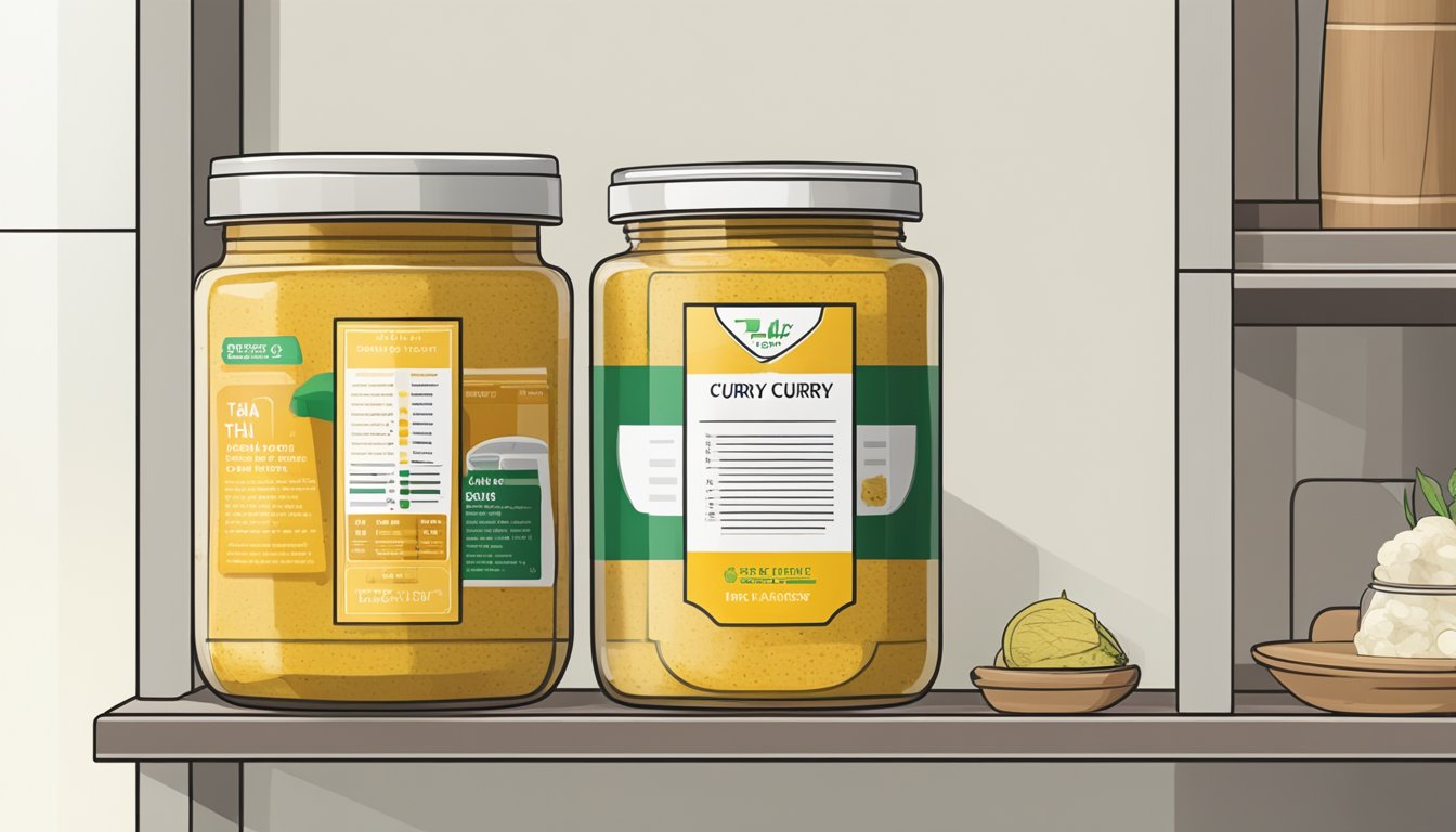 A jar of Thai yellow curry paste sits on a shelf, its expiration date clearly marked. Nearby, a chart outlines storage guidelines for various food products