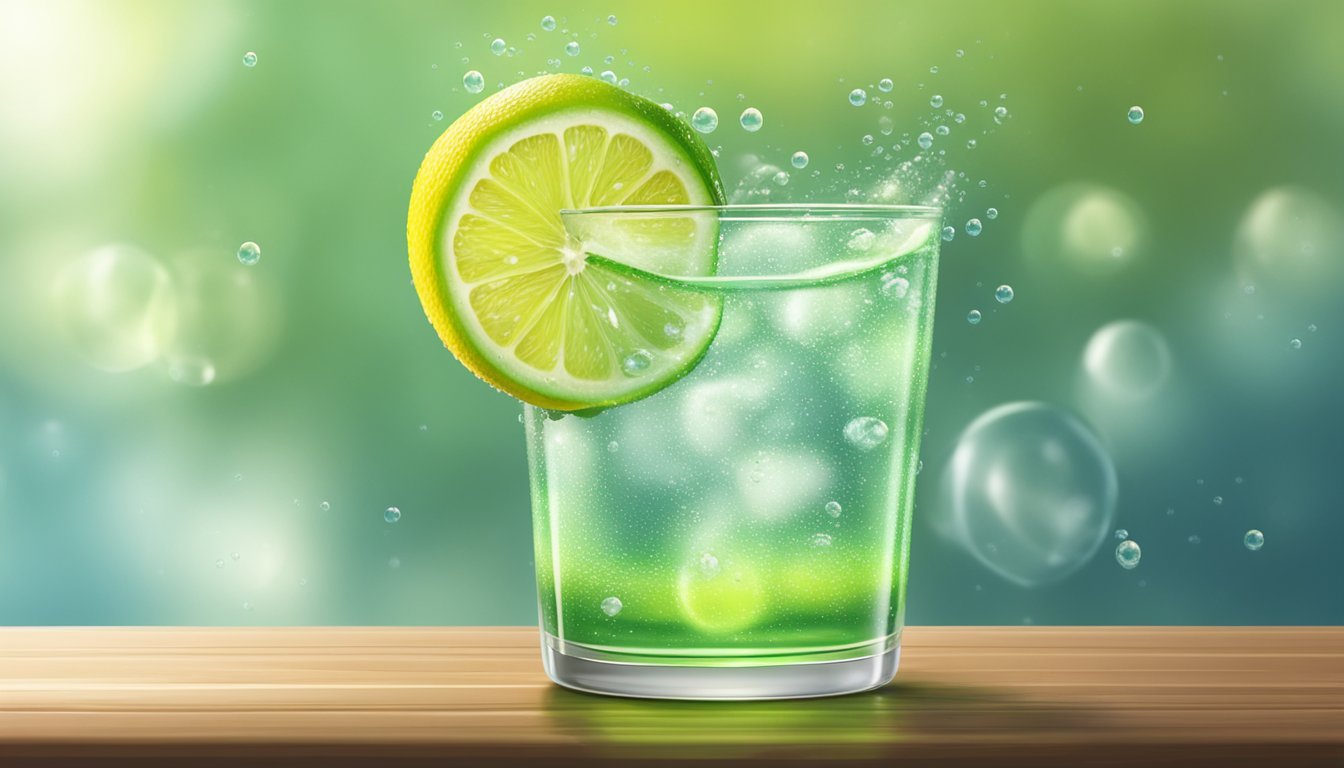 A glass of lemon-lime soda sits on a table, condensation forming on the outside. The bubbles slowly rise to the surface, releasing a faint citrus aroma